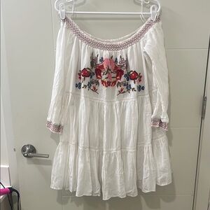 Free People :White Off-Shoulder mini Dress with Floral Embroidery